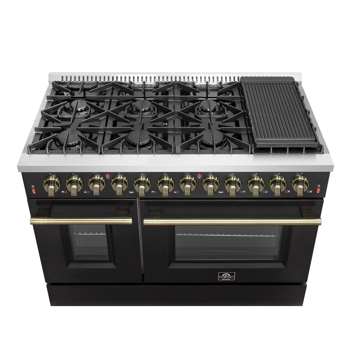 FORNO Galiano 48" 6.58 cu. ft. Dual Fuel Range with 8 Sealed Burners and Griddle in Black with Antique Brass Accents, FFSGS6156-48BLK