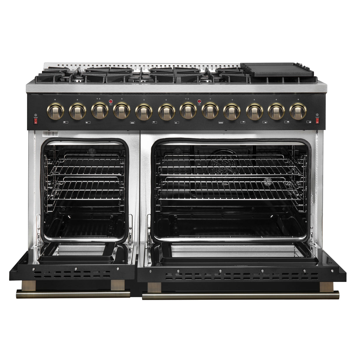 FORNO Galiano 48" 6.58 cu. ft. Dual Fuel Range with 8 Sealed Burners and Griddle in Black with Antique Brass Accents, FFSGS6156-48BLK