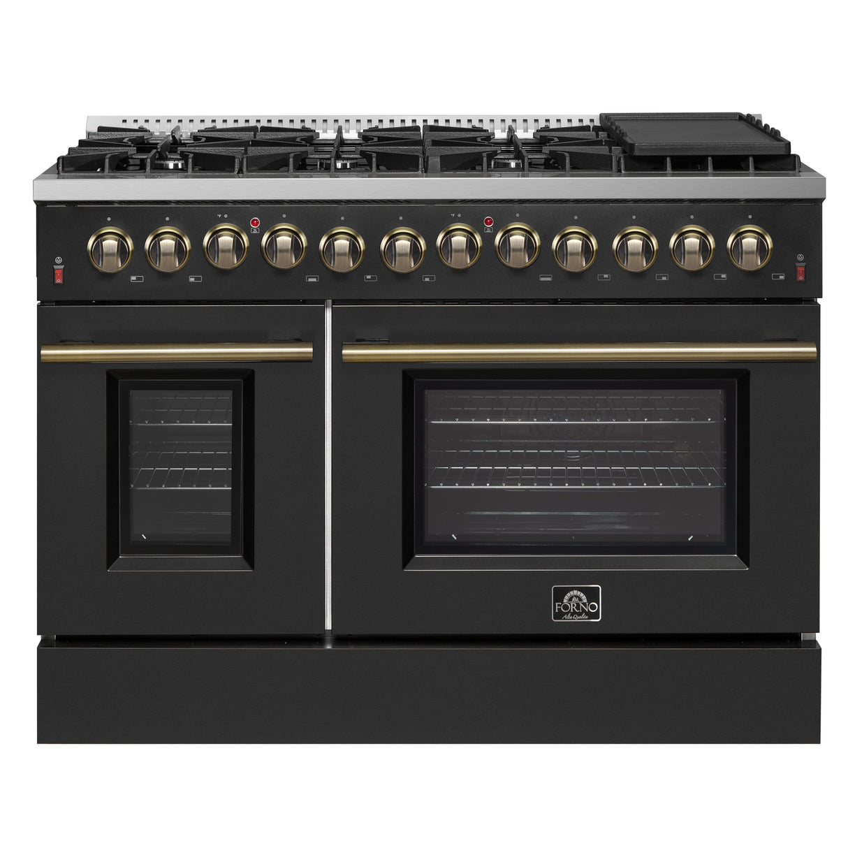 FORNO Galiano 48" 6.58 cu. ft. Dual Fuel Range with 8 Sealed Burners and Griddle in Black with Antique Brass Accents, FFSGS6156-48BLK