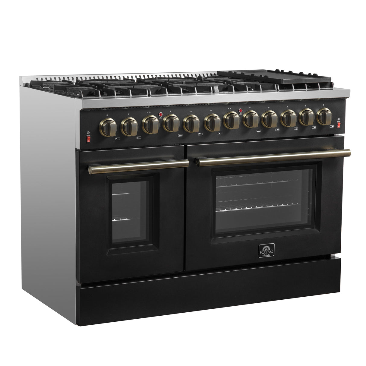 FORNO Galiano 48" 6.58 cu. ft. Dual Fuel Range with 8 Sealed Burners and Griddle in Black with Antique Brass Accents, FFSGS6156-48BLK