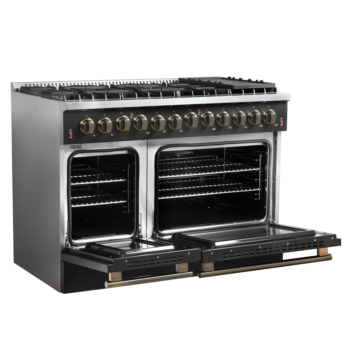 FORNO Galiano 48" 6.58 cu. ft. Dual Fuel Range with 8 Sealed Burners and Griddle in Black with Antique Brass Accents, FFSGS6156-48BLK