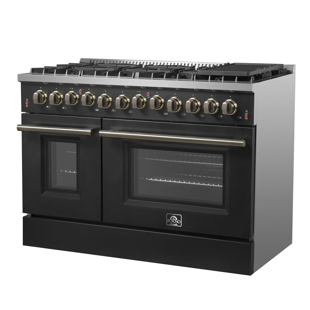 FORNO Galiano 48" 6.58 cu. ft. Dual Fuel Range with 8 Sealed Burners and Griddle in Black with Antique Brass Accents, FFSGS6156-48BLK