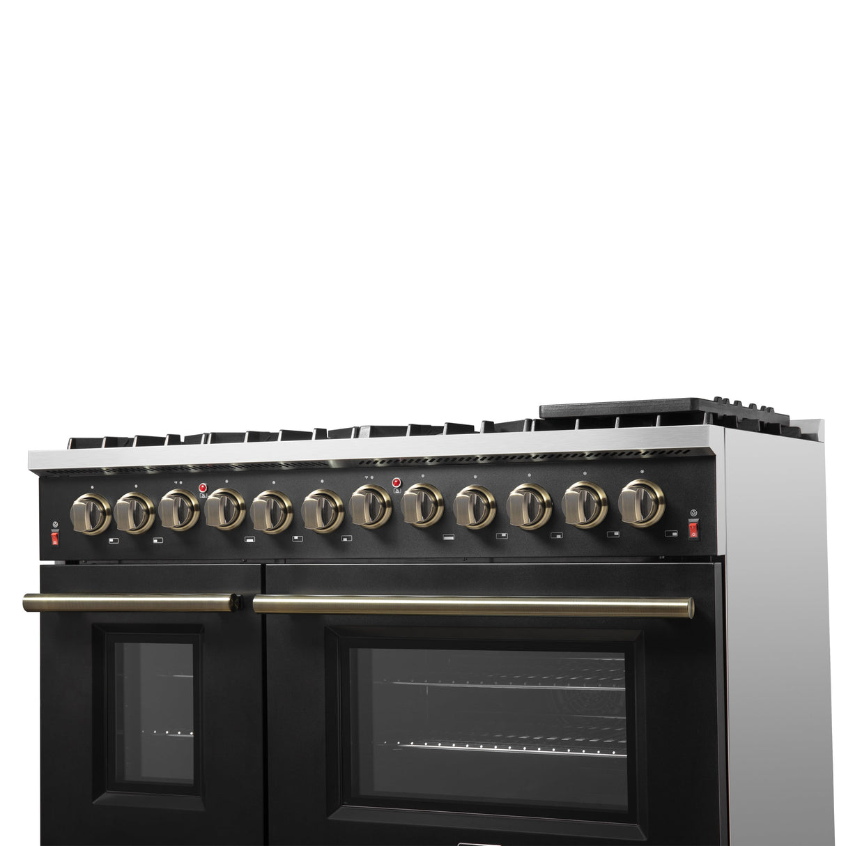 FORNO Galiano 48" 6.58 cu. ft. Dual Fuel Range with 8 Sealed Burners and Griddle in Black with Antique Brass Accents, FFSGS6156-48BLK