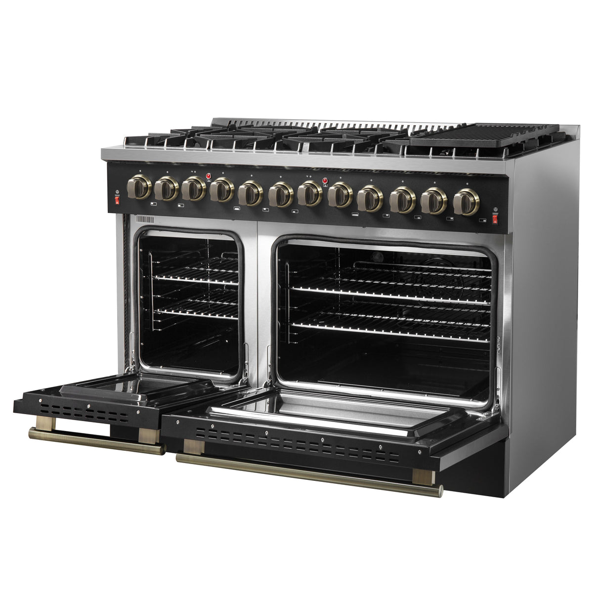 FORNO Galiano 48" 6.58 cu. ft. Dual Fuel Range with 8 Sealed Burners and Griddle in Black with Antique Brass Accents, FFSGS6156-48BLK