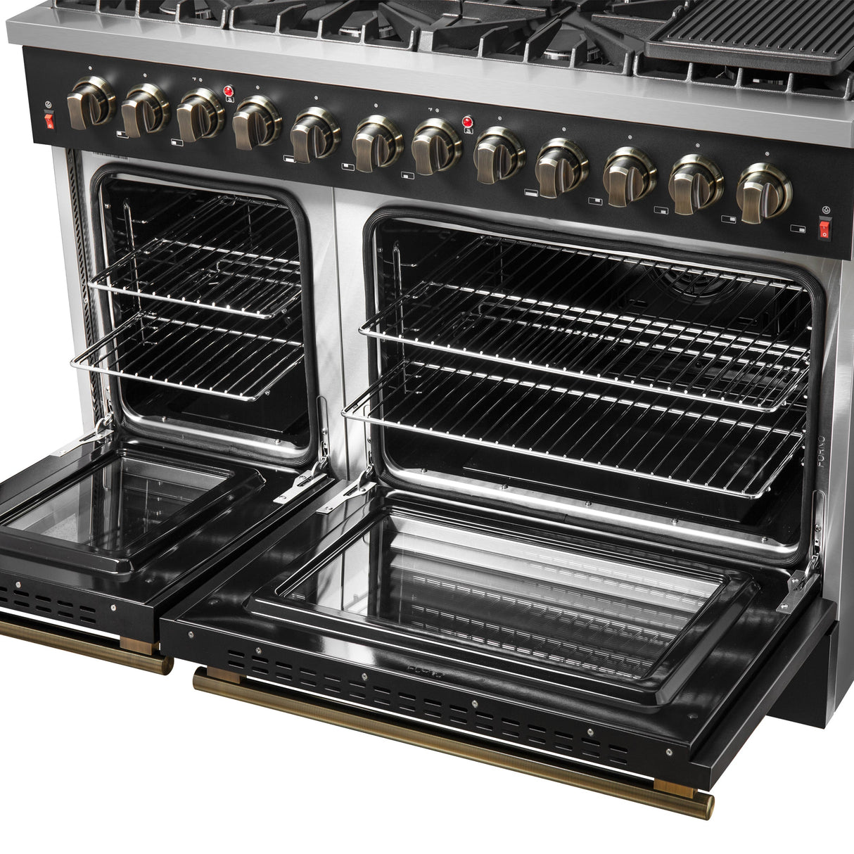 FORNO Galiano 48" 6.58 cu. ft. Dual Fuel Range with 8 Sealed Burners and Griddle in Black with Antique Brass Accents, FFSGS6156-48BLK