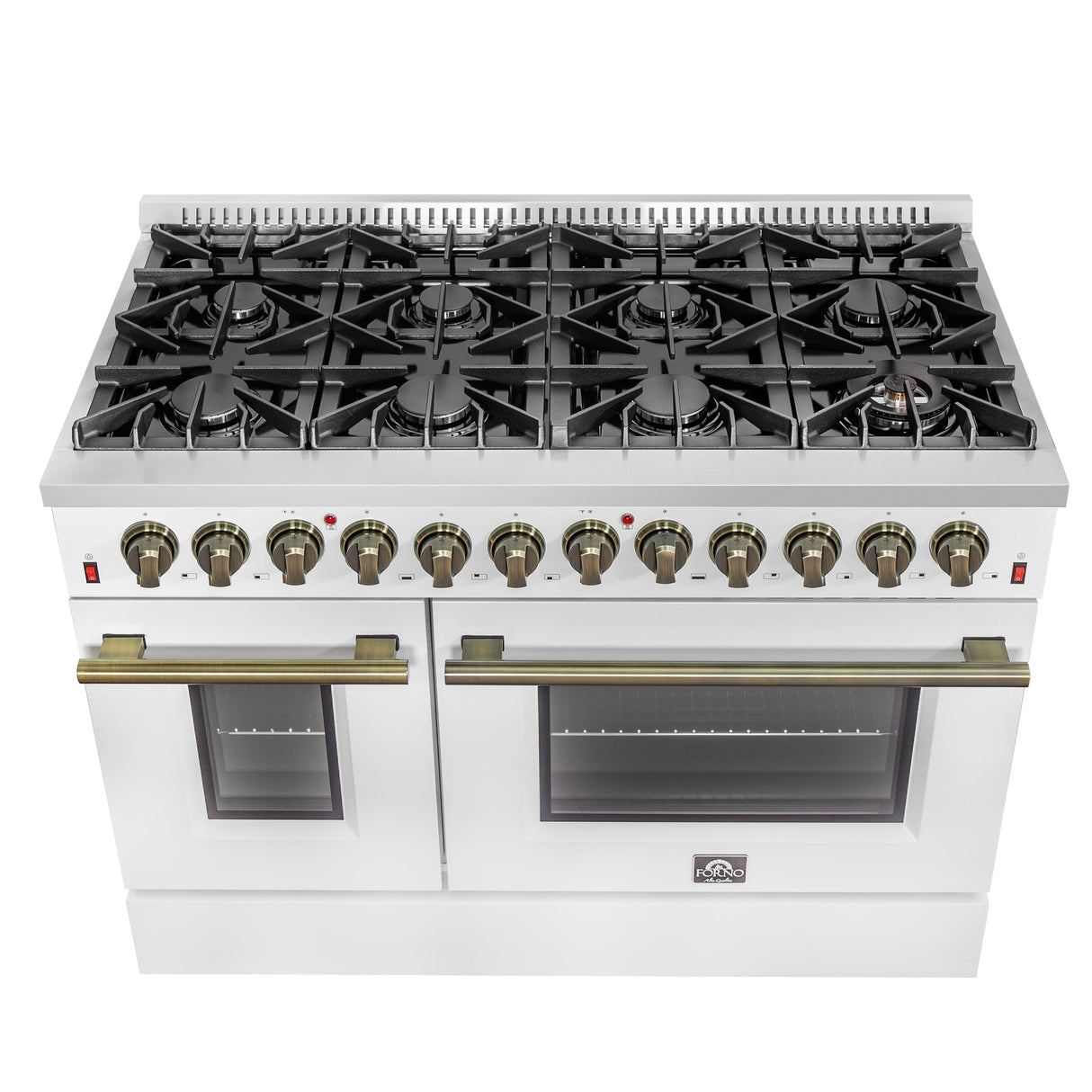 FORNO Galiano 48" 6.58 cu. ft. Dual Fuel Range with 8 Sealed Burners and Griddle in White with Antique Brass Accents, FFSGS6156-48WHT