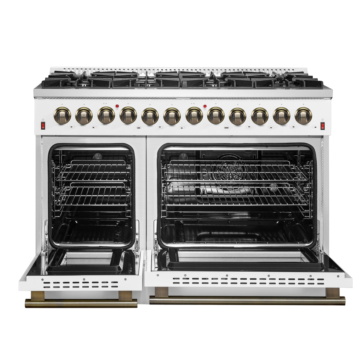 FORNO Galiano 48" 6.58 cu. ft. Dual Fuel Range with 8 Sealed Burners and Griddle in White with Antique Brass Accents, FFSGS6156-48WHT