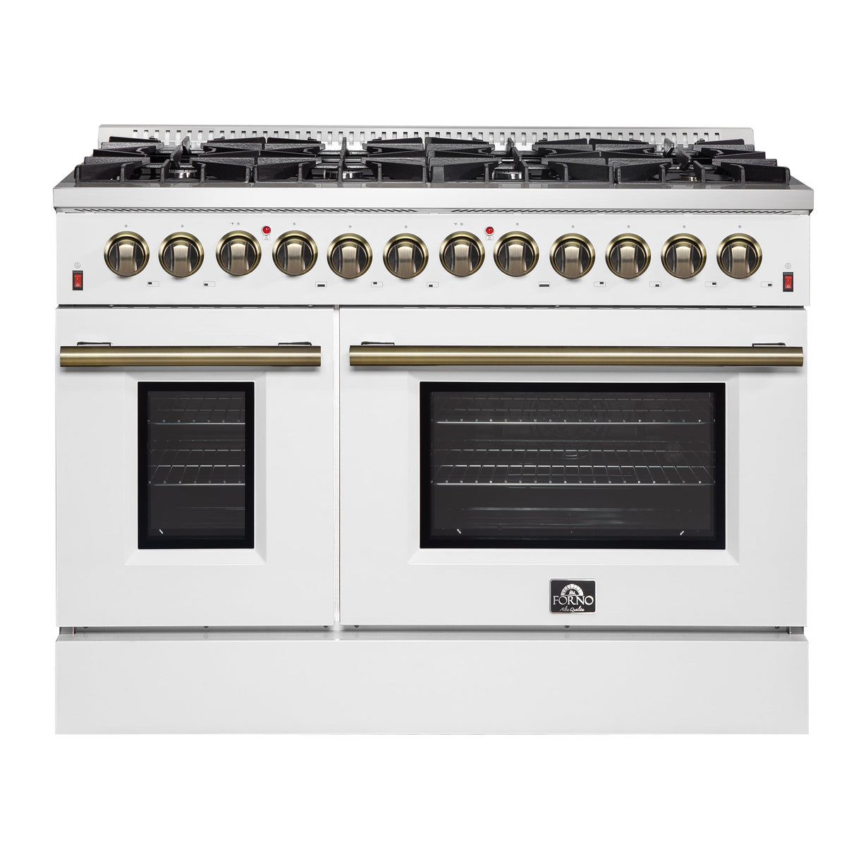 FORNO Galiano 48" 6.58 cu. ft. Dual Fuel Range with 8 Sealed Burners and Griddle in White with Antique Brass Accents, FFSGS6156-48WHT