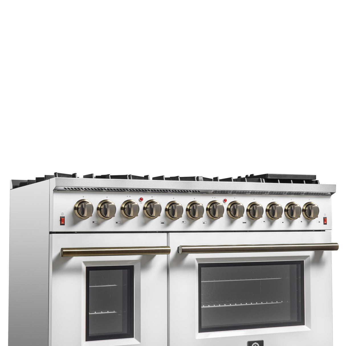 FORNO Galiano 48" 6.58 cu. ft. Dual Fuel Range with 8 Sealed Burners and Griddle in White with Antique Brass Accents, FFSGS6156-48WHT