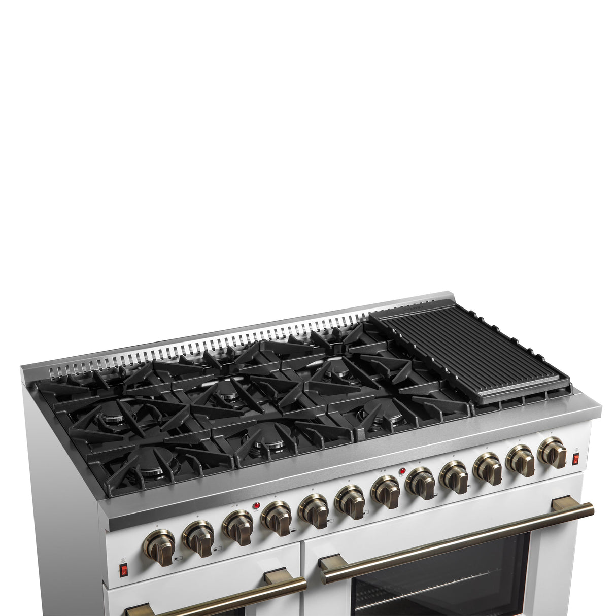 FORNO Galiano 48" 6.58 cu. ft. Dual Fuel Range with 8 Sealed Burners and Griddle in White with Antique Brass Accents, FFSGS6156-48WHT