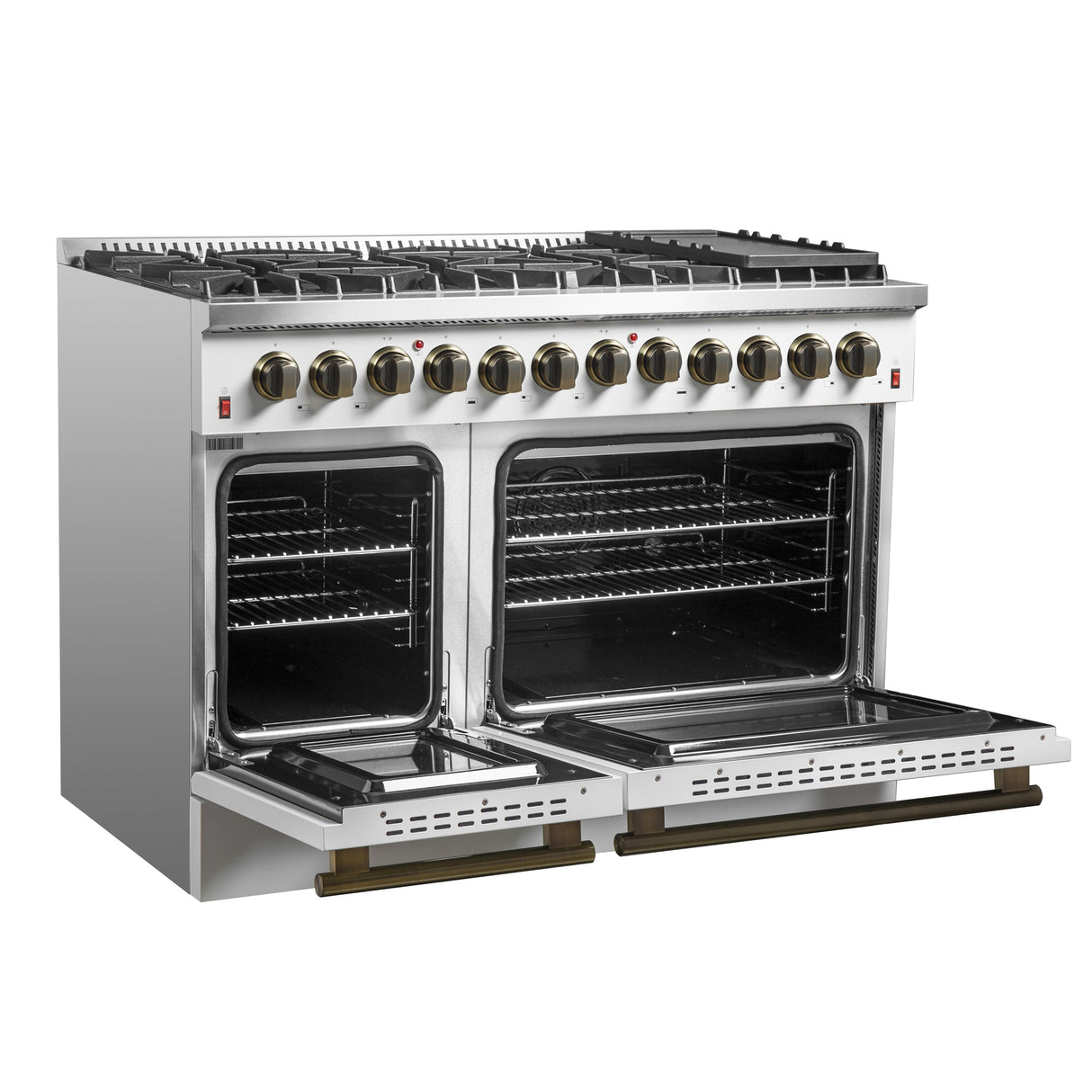 FORNO Galiano 48" 6.58 cu. ft. Dual Fuel Range with 8 Sealed Burners and Griddle in White with Antique Brass Accents, FFSGS6156-48WHT