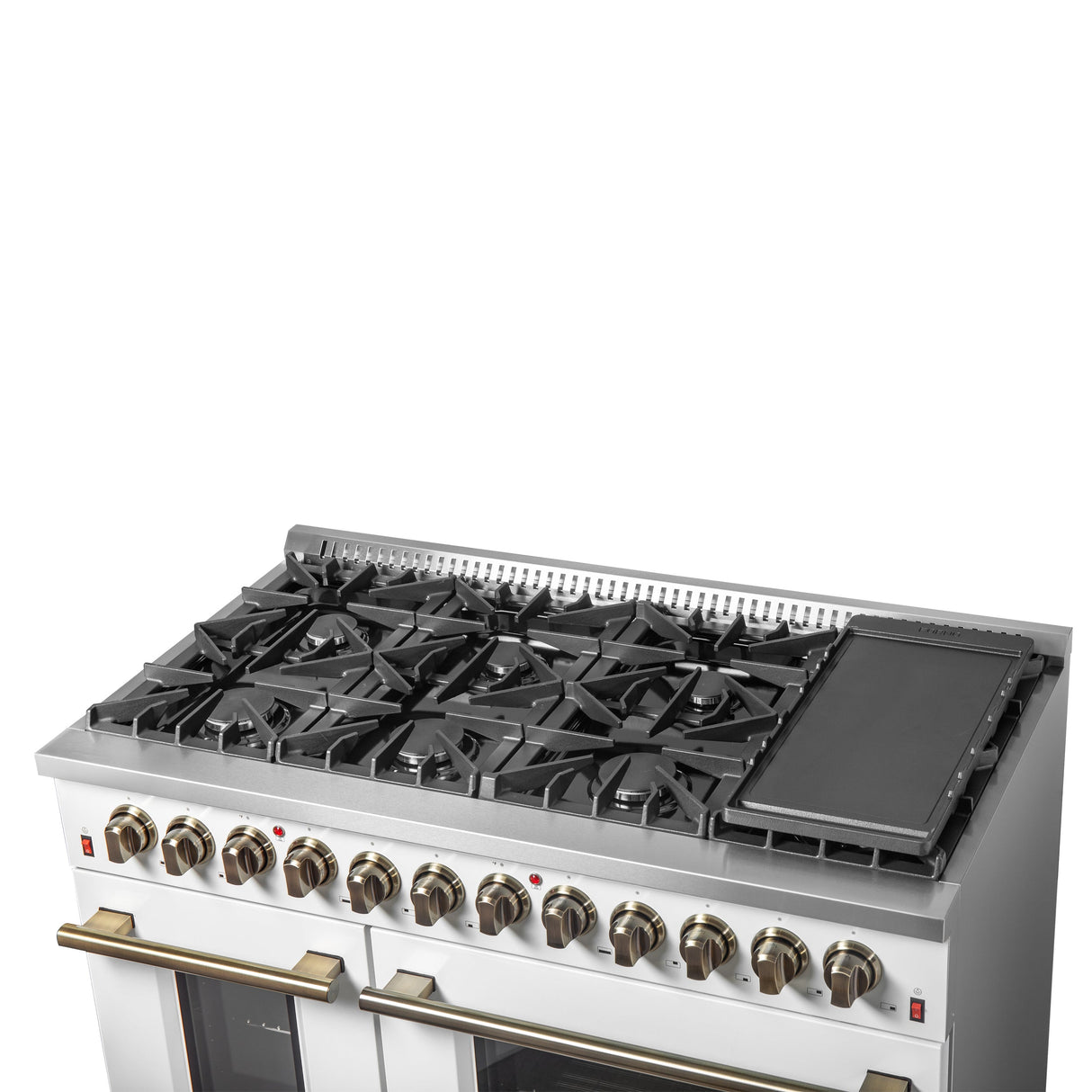 FORNO Galiano 48" 6.58 cu. ft. Dual Fuel Range with 8 Sealed Burners and Griddle in White with Antique Brass Accents, FFSGS6156-48WHT