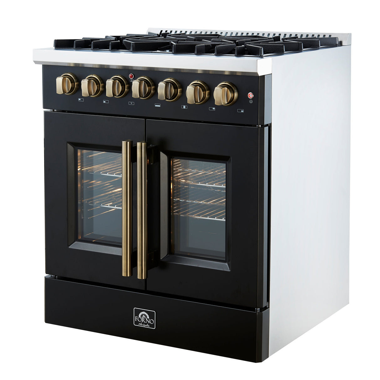 FORNO Galiano 30" 4.32 cu. ft. French Door Dual Fuel Range with 5 Sealed Burners in Black with Antique Brass Accents, FFSGS6356-30BLK