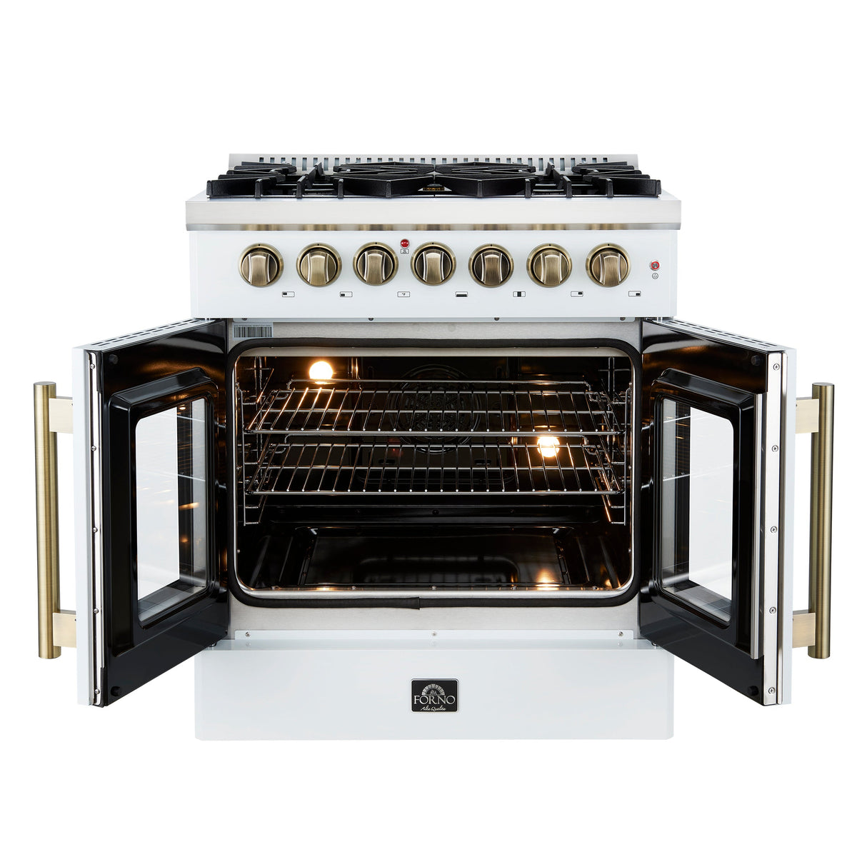 FORNO Galiano 30" 4.32 cu. ft. French Door Dual Fuel Range with 5 Sealed Burners in White with Antique Brass Accents, FFSGS6356-30WHT