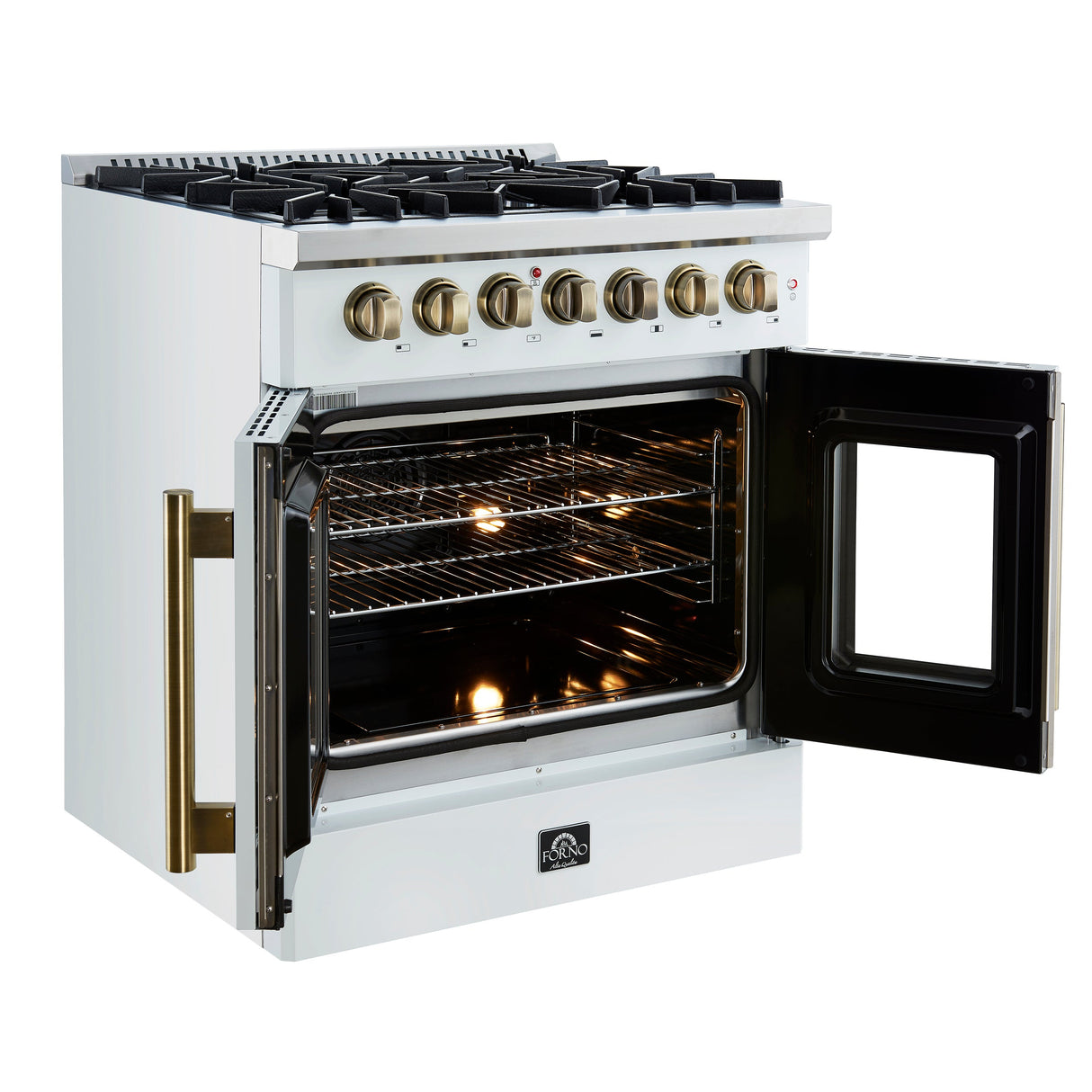 FORNO Galiano 30" 4.32 cu. ft. French Door Dual Fuel Range with 5 Sealed Burners in White with Antique Brass Accents, FFSGS6356-30WHT