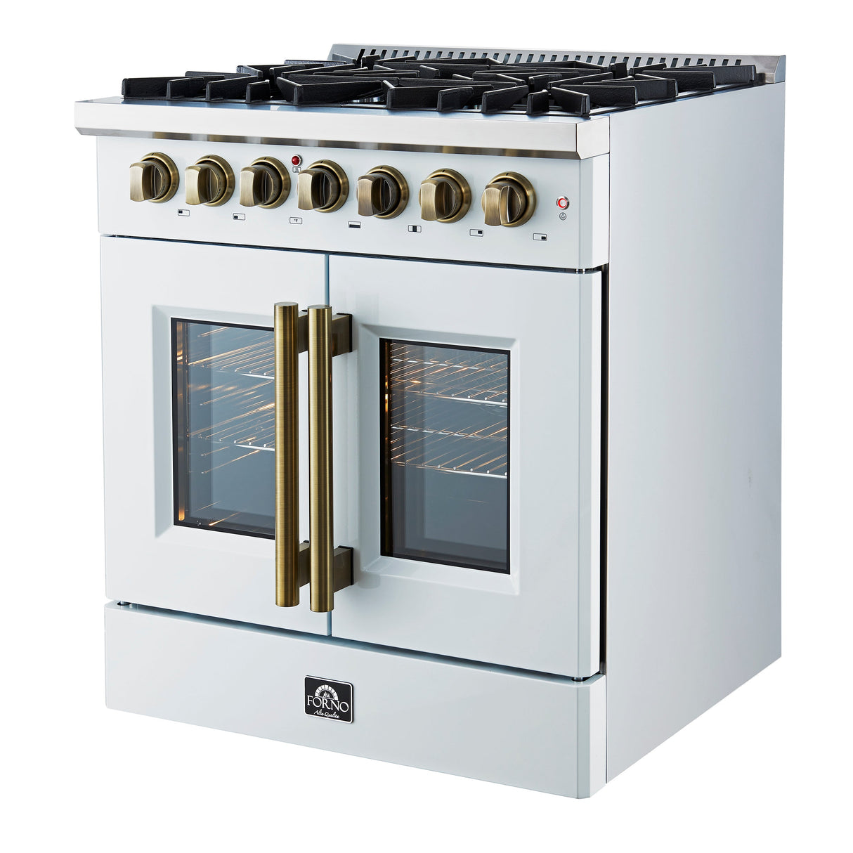 FORNO Galiano 30" 4.32 cu. ft. French Door Dual Fuel Range with 5 Sealed Burners in White with Antique Brass Accents, FFSGS6356-30WHT