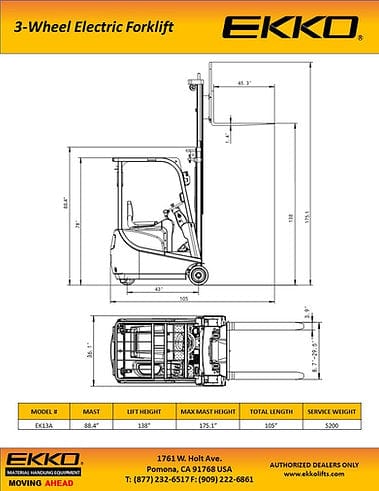 Ekko 3 Wheel Electric Forklift EK13A