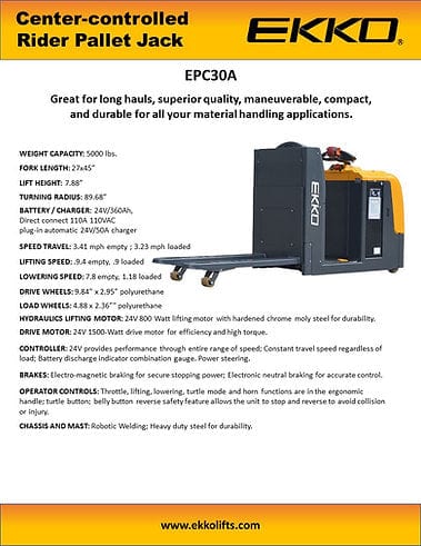 Ekko Center-Controlled Rider Pallet Jack EPC30A