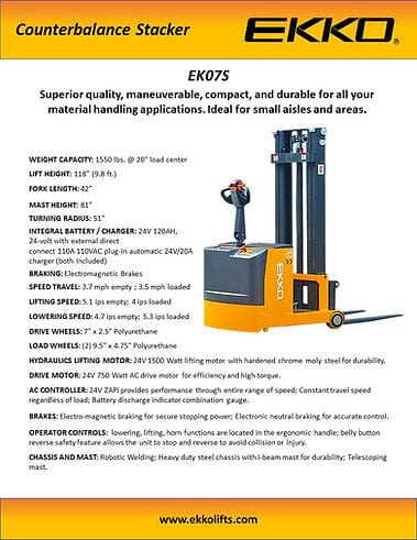 Ekko Counterbalance Walkie Stacker EK07S