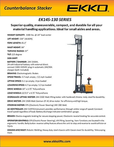 Ekko Fully Powered Counterbalanced Walkie Stacker SIDE-SHIFTING EK14S-130