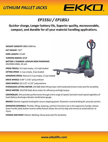 Ekko Lithium Iron Phosphate Electric Walkie Pallet Jack EP18SLI