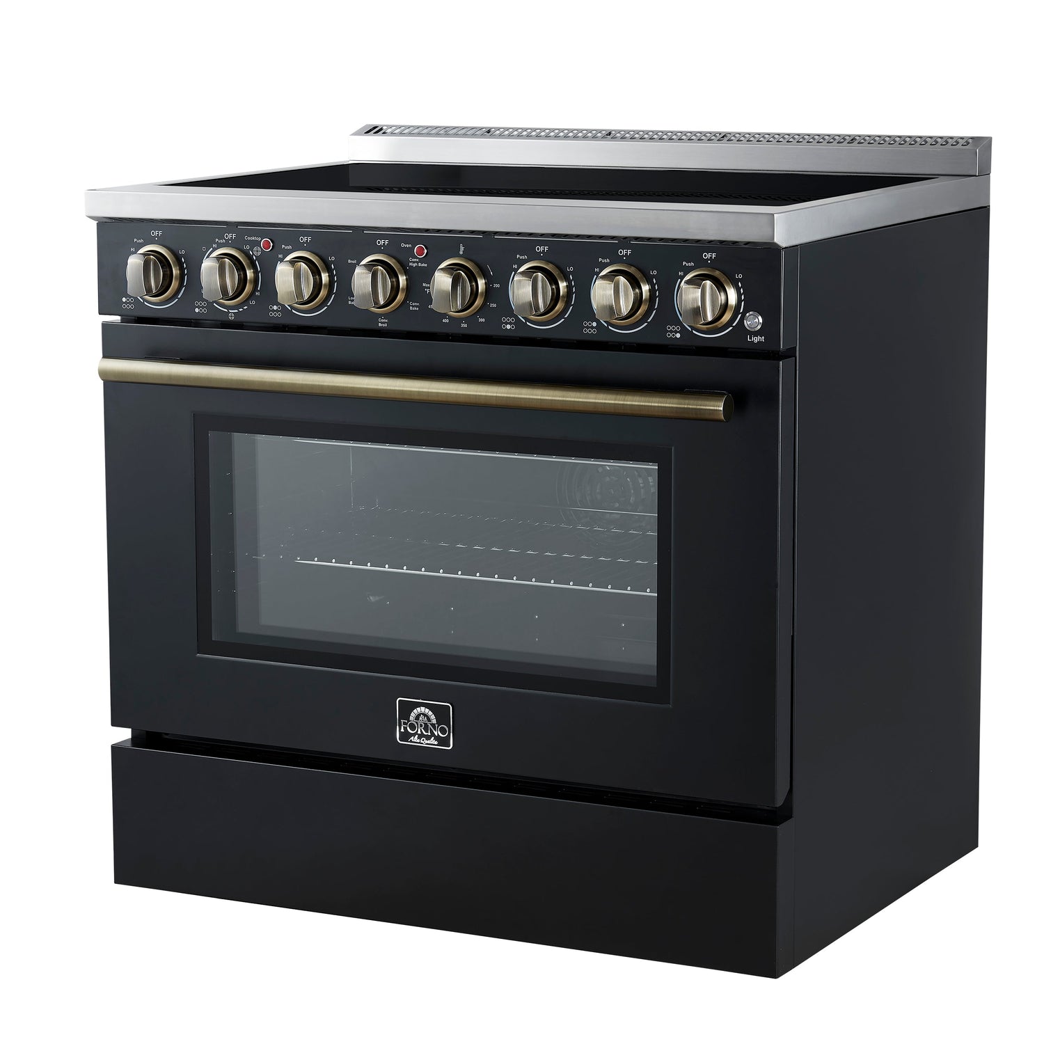 FORNO Paolo 36" 5.44 cu. ft. Freestanding Electric Range with True Convection Oven in Black with Antique Brass Accents, FFSEL6011-36BLK