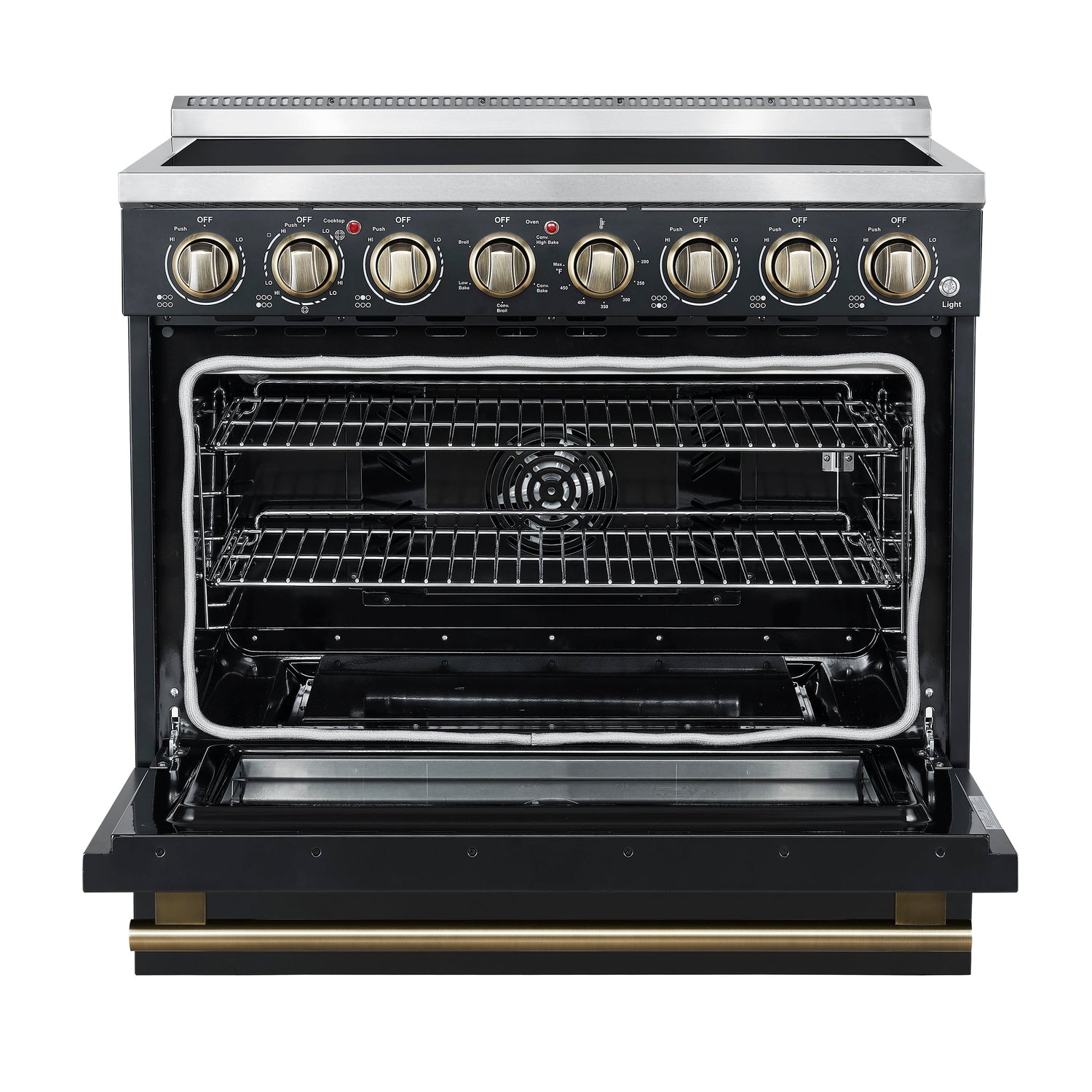 FORNO Paolo 36" 5.44 cu. ft. Freestanding Electric Range with True Convection Oven in Black with Antique Brass Accents, FFSEL6011-36BLK