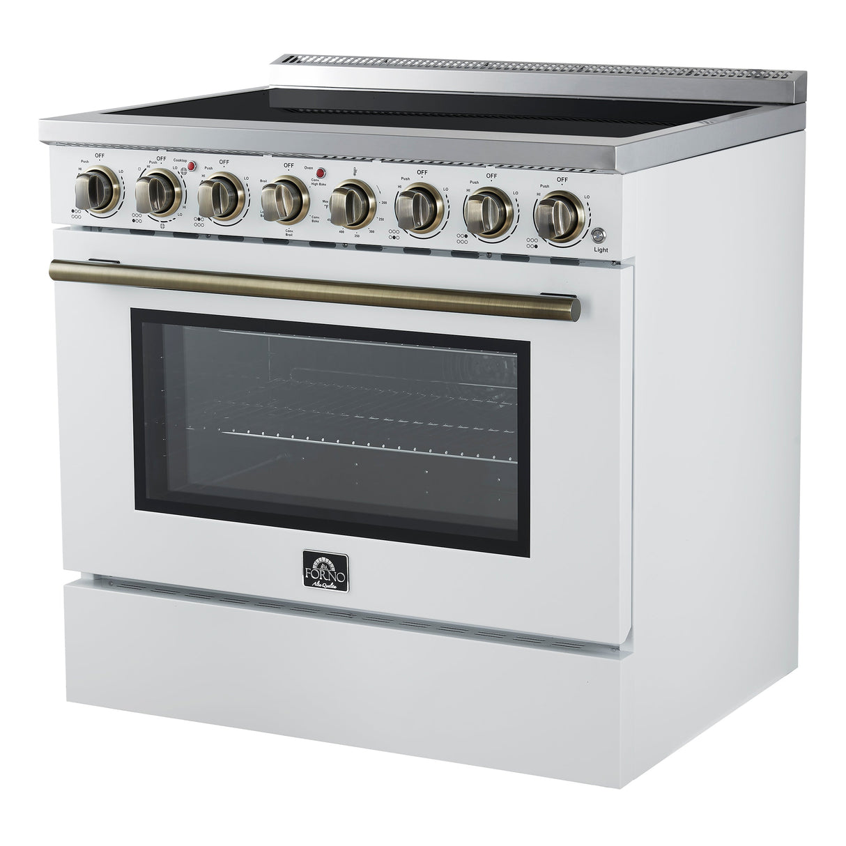 FORNO Paolo 36" 5.44 cu. ft. Freestanding Electric Range with True Convection Oven in White with Antique Brass Accents, FFSEL6011-36WHT