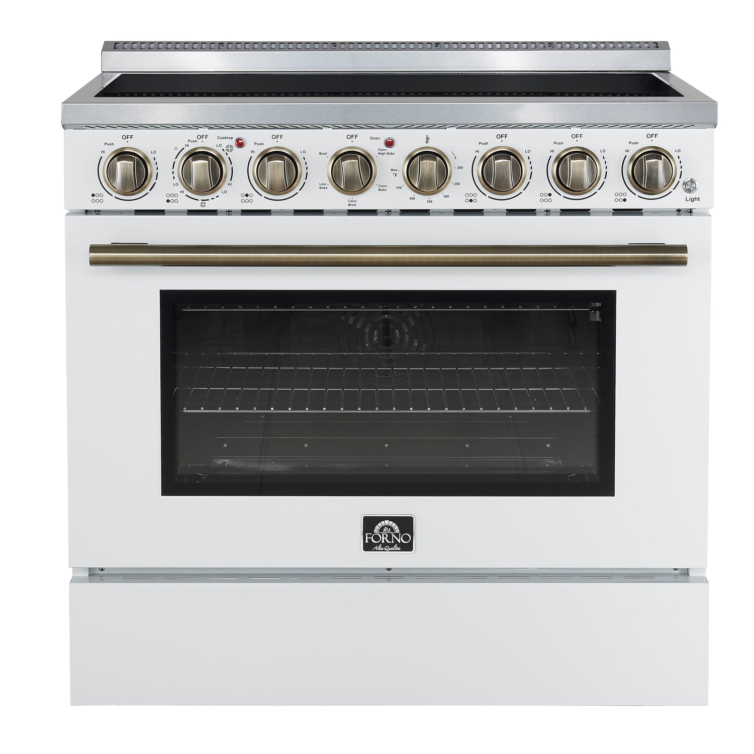 FORNO Paolo 36" 5.44 cu. ft. Freestanding Electric Range with True Convection Oven in White with Antique Brass Accents, FFSEL6011-36WHT