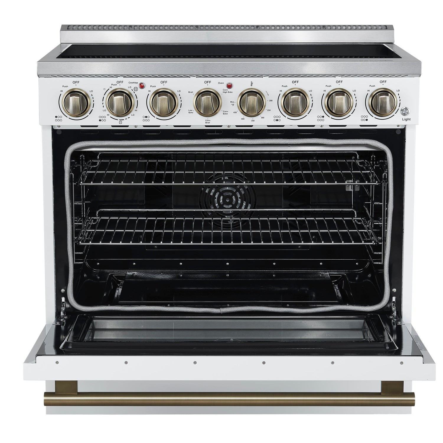 FORNO Paolo 36" 5.44 cu. ft. Freestanding Electric Range with True Convection Oven in White with Antique Brass Accents, FFSEL6011-36WHT
