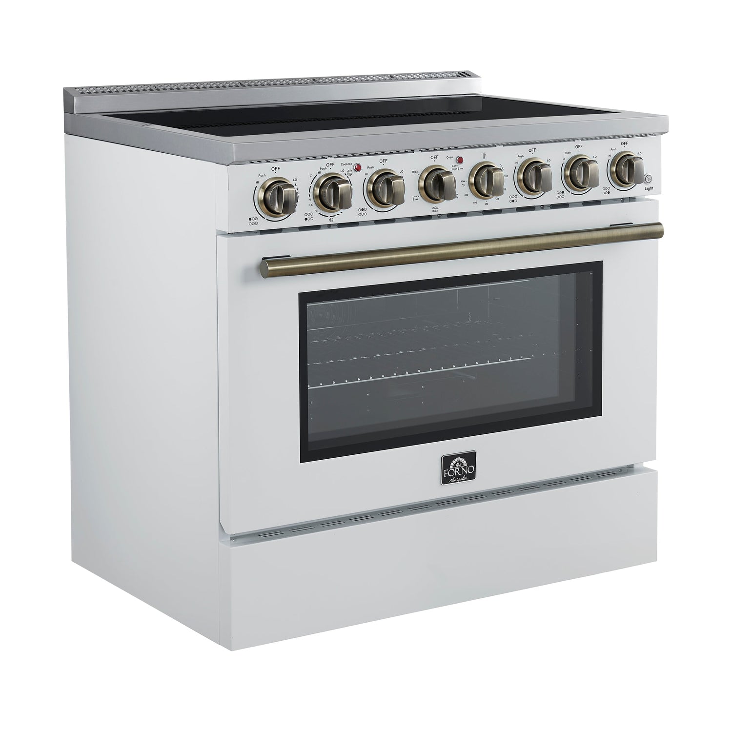 FORNO Paolo 36" 5.44 cu. ft. Freestanding Electric Range with True Convection Oven in White with Antique Brass Accents, FFSEL6011-36WHT