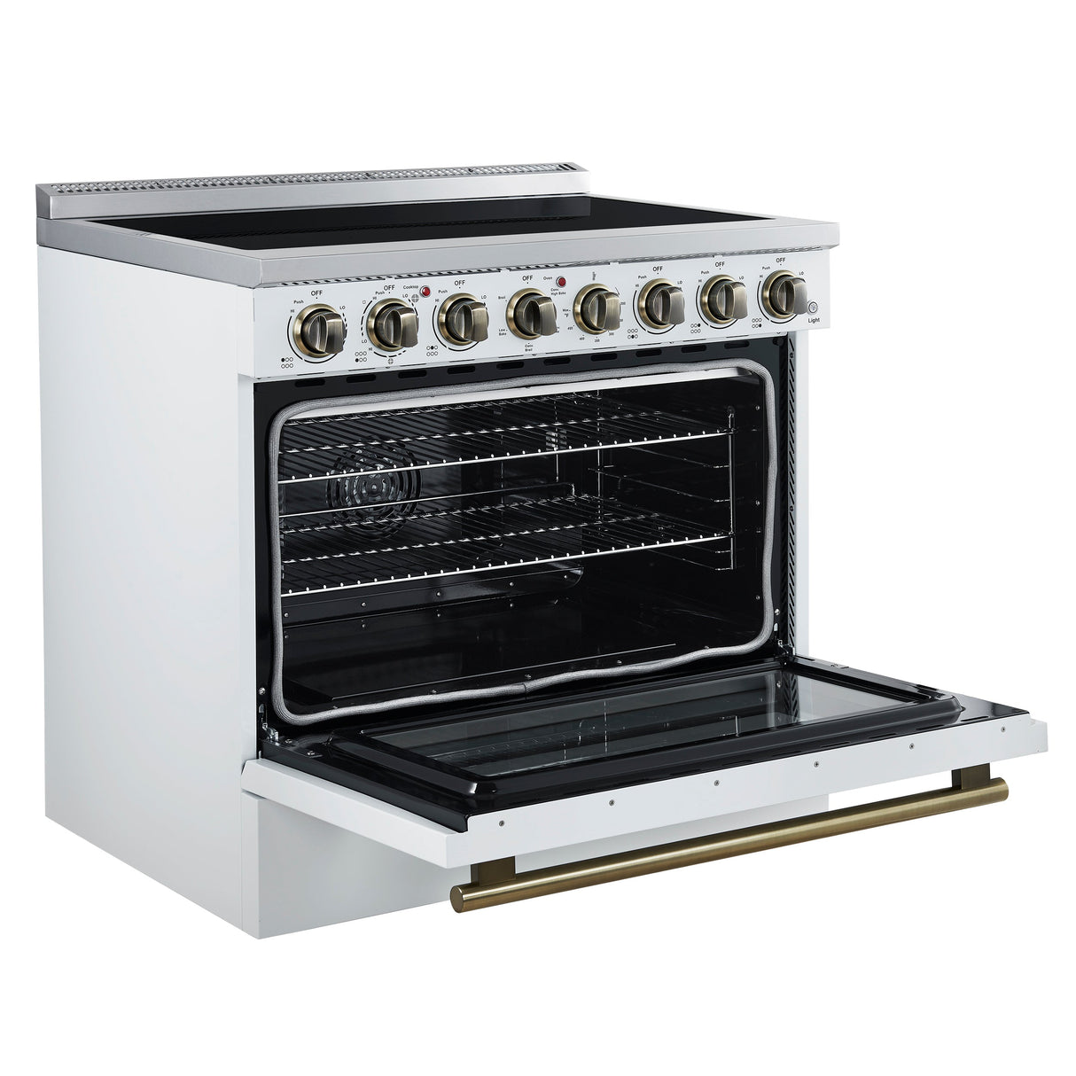 FORNO Paolo 36" 5.44 cu. ft. Freestanding Electric Range with True Convection Oven in White with Antique Brass Accents, FFSEL6011-36WHT