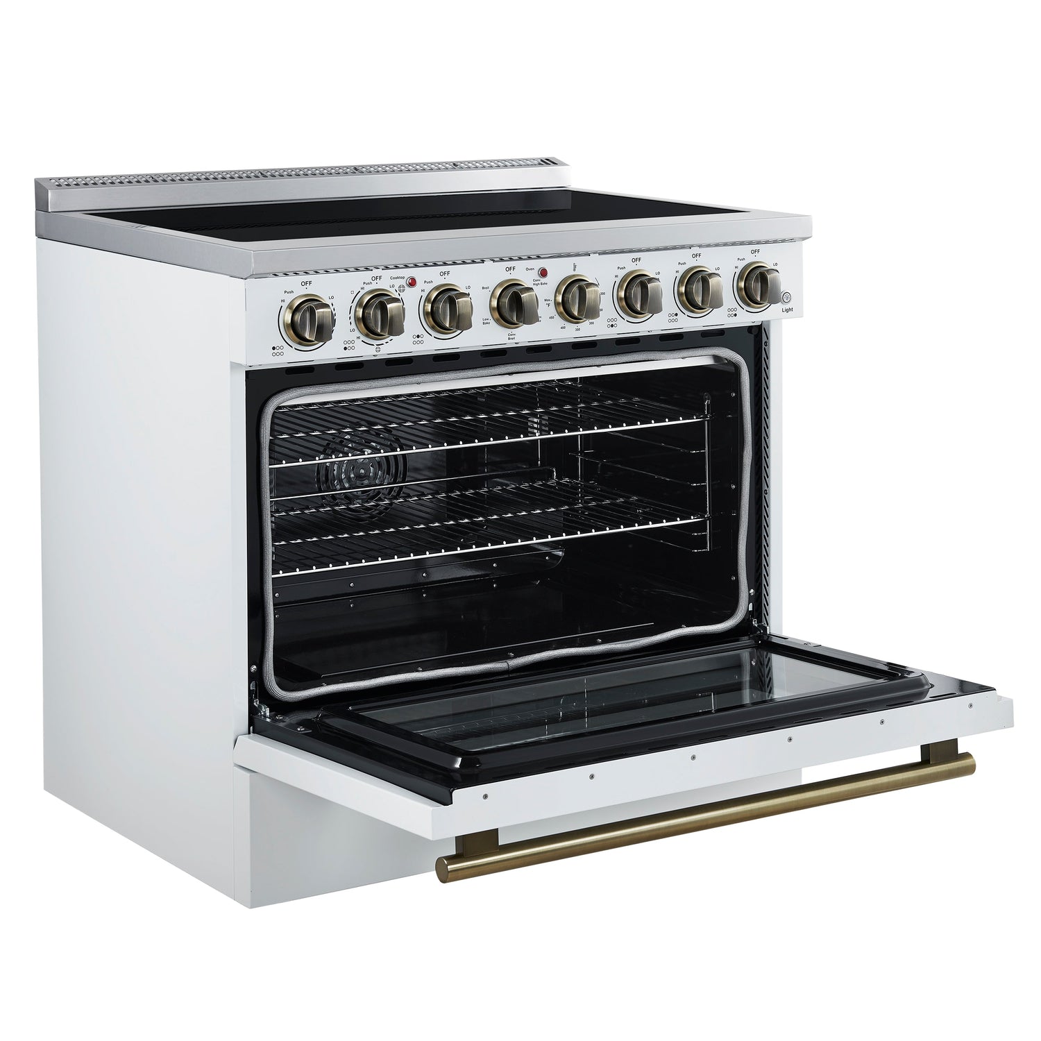 FORNO Paolo 36" 5.44 cu. ft. Freestanding Electric Range with True Convection Oven in White with Antique Brass Accents, FFSEL6011-36WHT