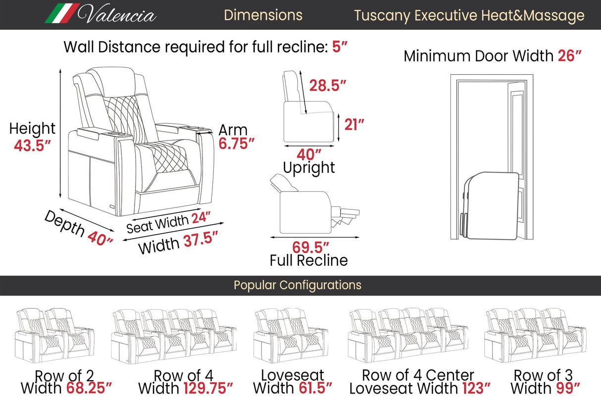Valencia 2025 New Tuscany Executive Heat & Massage Leather Home Theater Seating Row of 3, Midnight Black