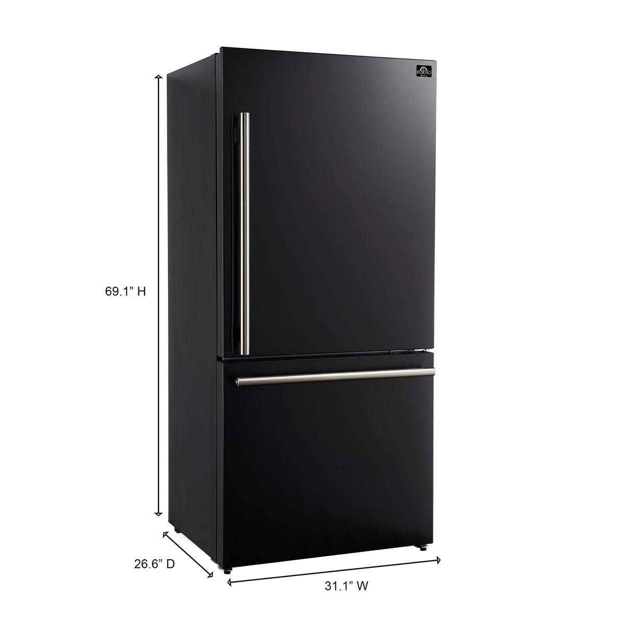 FORNO Espresso Milano 31" 17.2 cu. ft. Right Swing Refrigerator and Bottom Freezer in Black with Silver Handles, FFFFD1785-31BLK