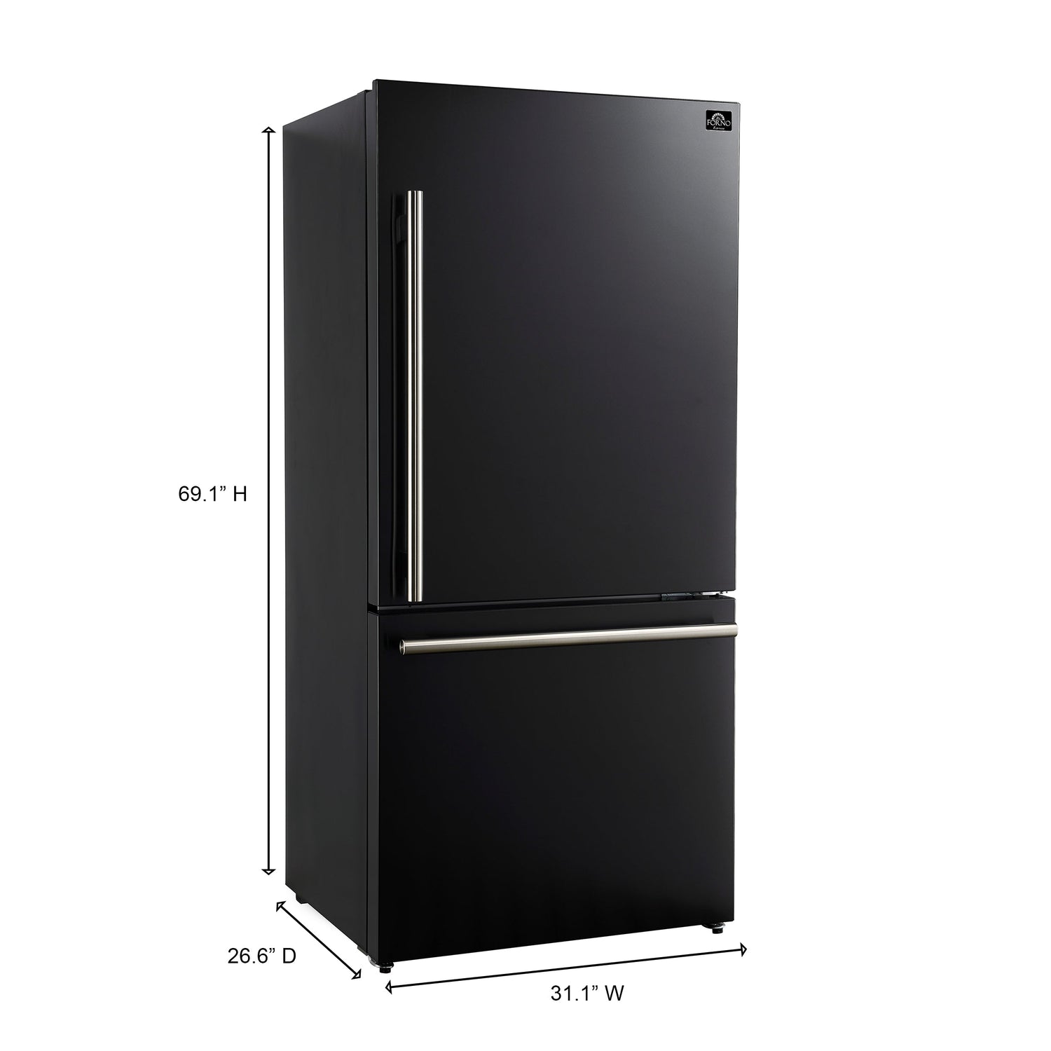 FORNO Espresso Milano 31" 17.2 cu. ft. Right Swing Refrigerator and Bottom Freezer in Black with Silver Handles, FFFFD1785-31BLK