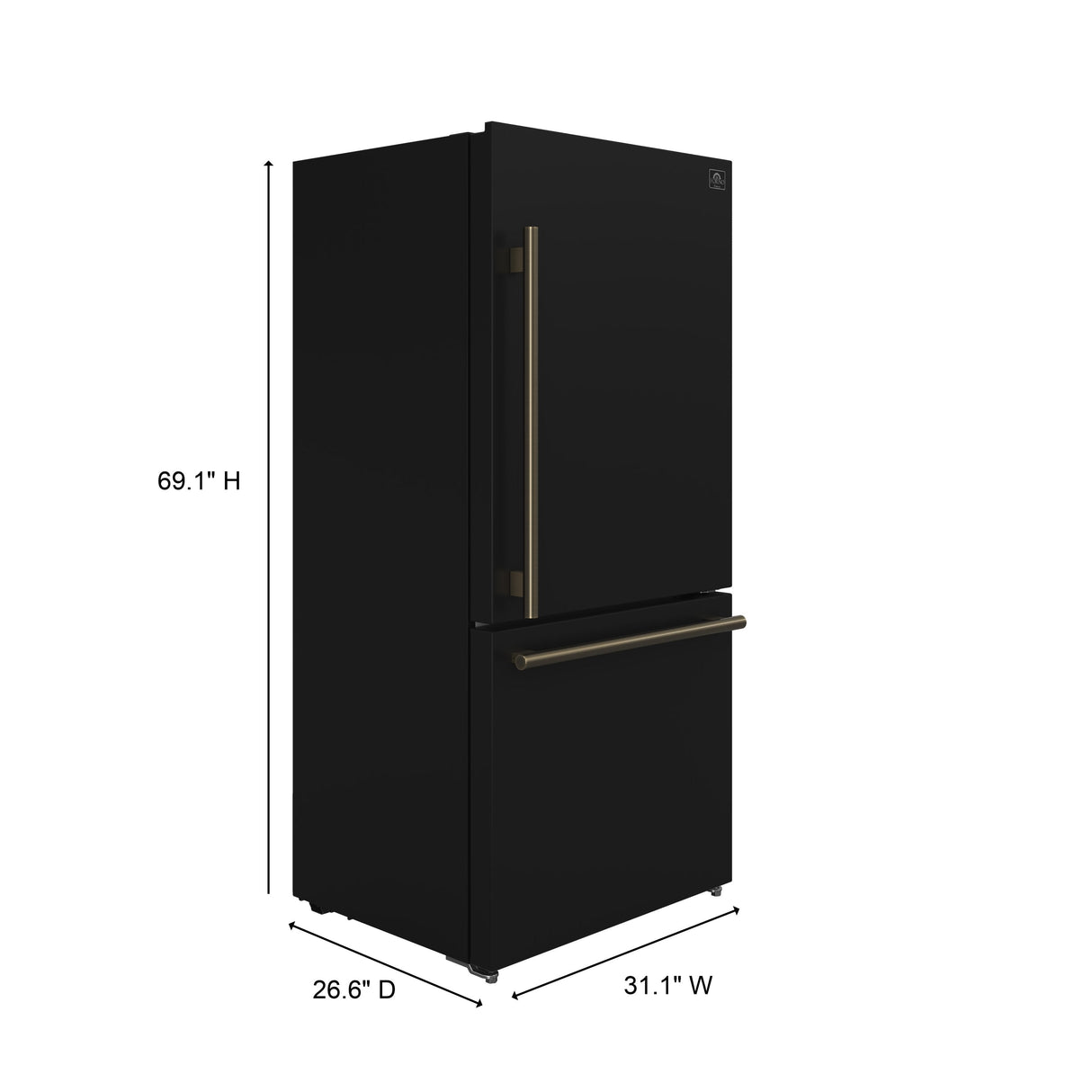 FORNO Espresso Milano 31" 17.2 cu. ft. Right Swing Refrigerator and Bottom Freezer in Black with Antique Brass Handles, FFFFD1785-31BLK
