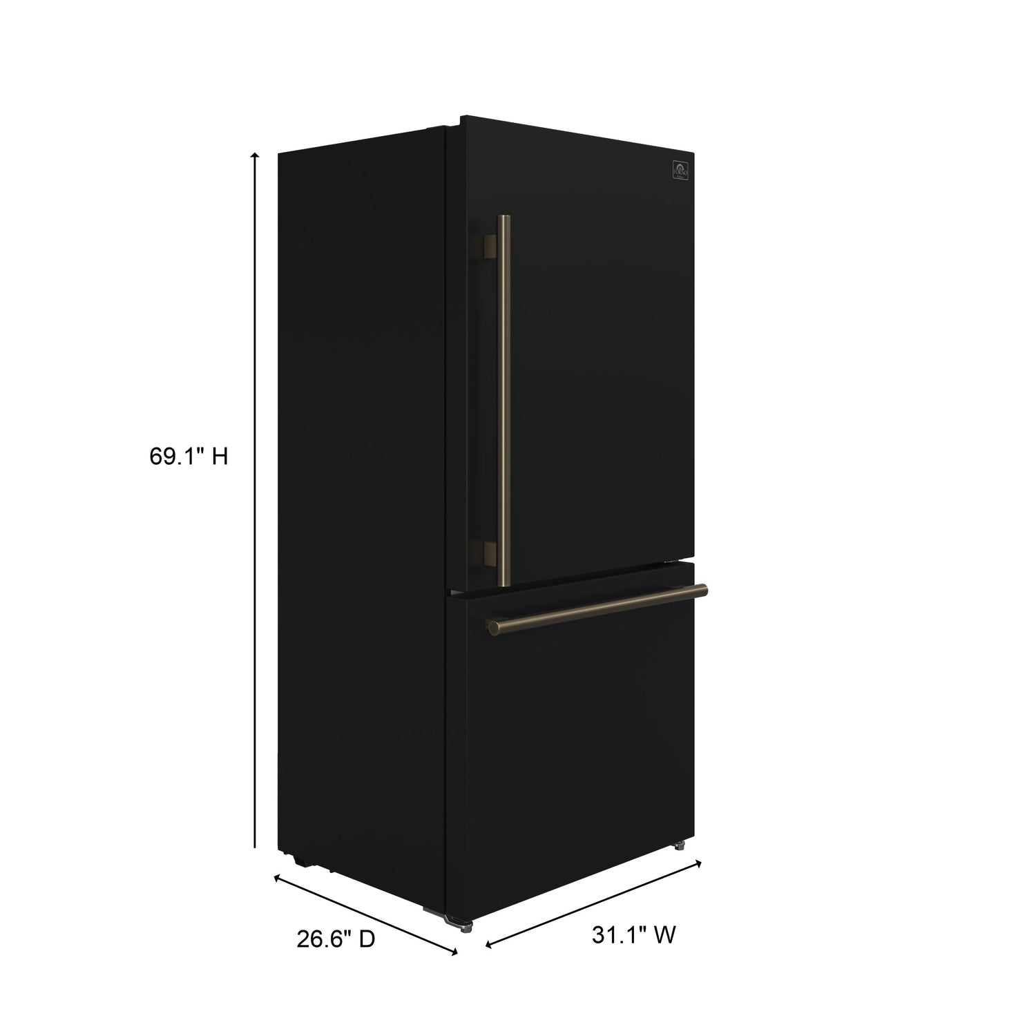 FORNO Espresso Milano 31" 17.2 cu. ft. Right Swing Refrigerator and Bottom Freezer in Black with Antique Brass Handles, FFFFD1785-31BLK