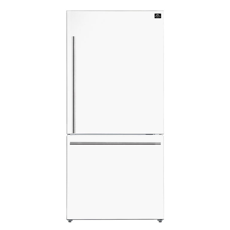 FORNO Espresso Package - 30" Electric Range, Range Hood, Refrigerator and Dishwasher in White with Silver Handles, FBDL-006-03US