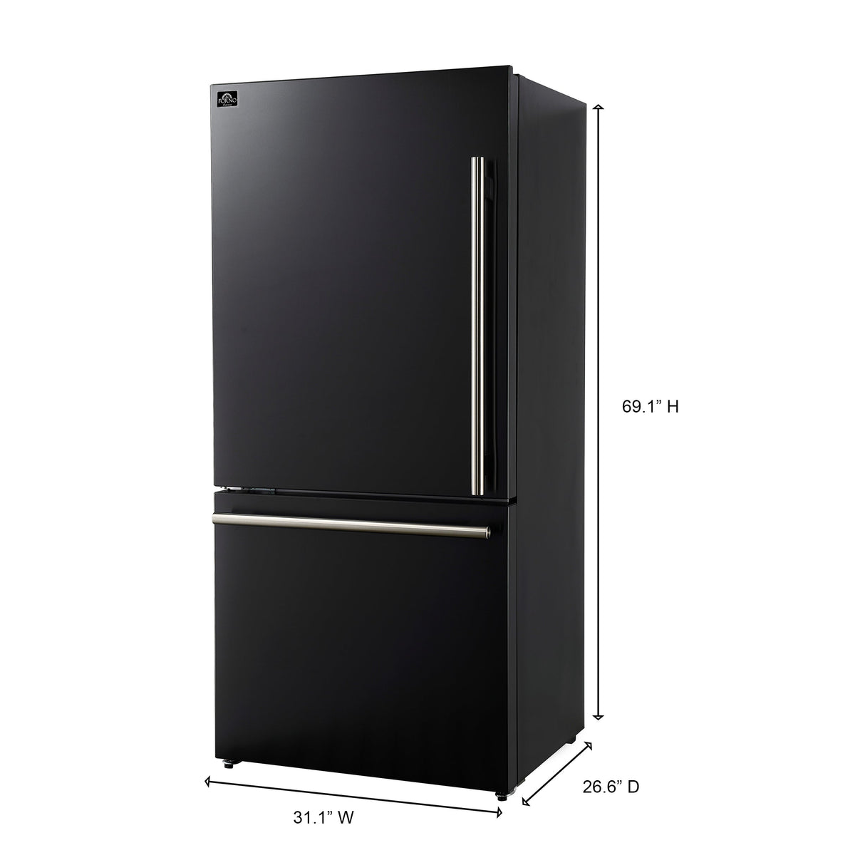 FORNO Espresso Milano 31" 17.2 cu. ft. Left Swing Refrigerator and Bottom Freezer with Ice Maker in Black and Antique Brass Handles, FFFFD1786-31BLK