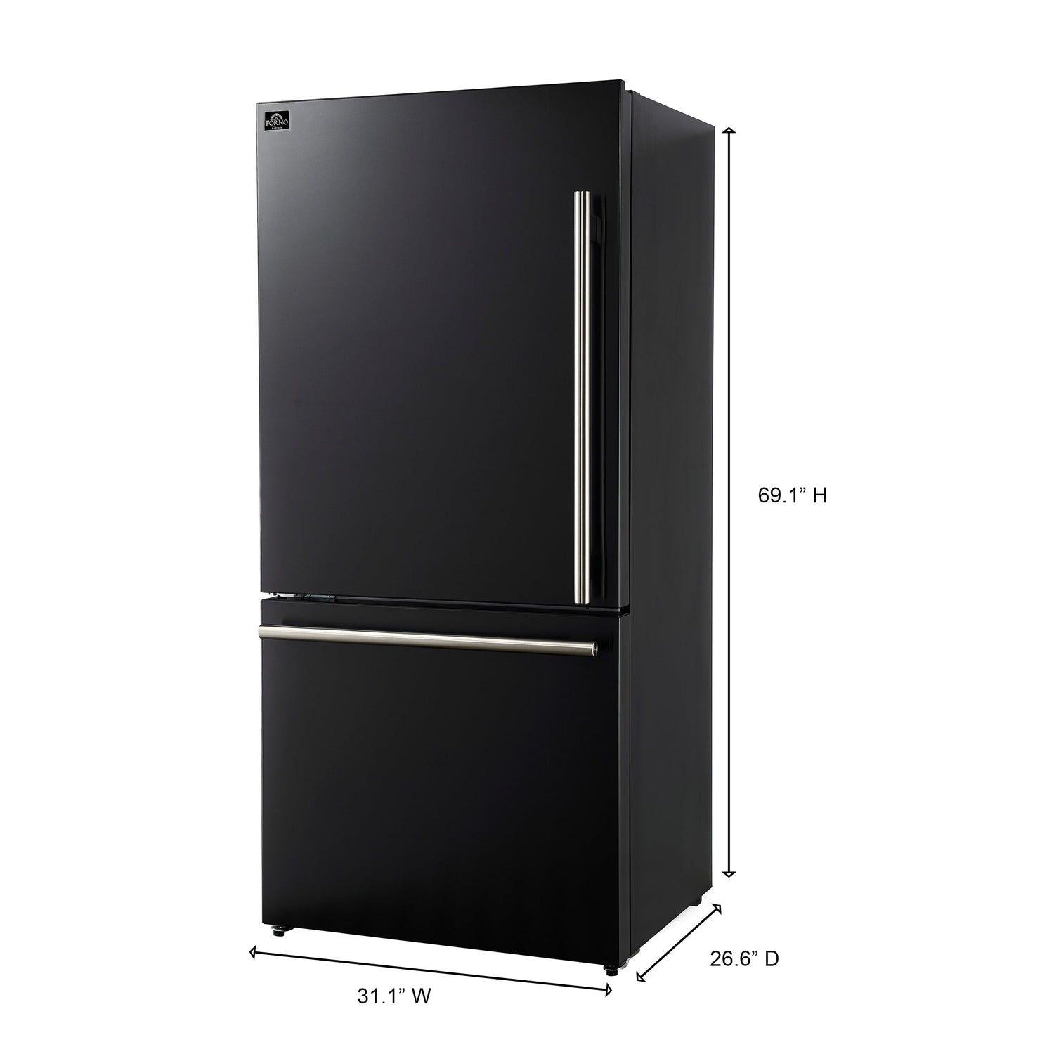 FORNO Espresso Milano 31" 17.2 cu. ft. Left Swing Refrigerator and Bottom Freezer with Ice Maker in Black and Antique Brass Handles, FFFFD1786-31BLK