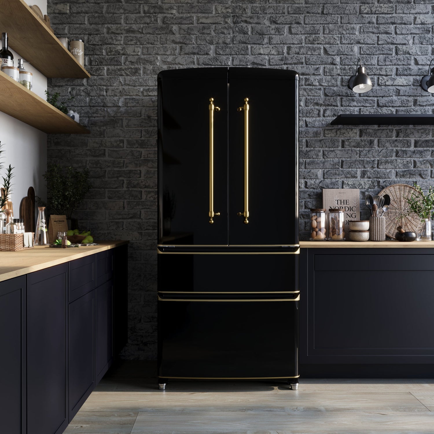 FORNO Espresso Luigi 33" 18 cu. ft. French Door Refrigerator in Black with Antique Brass Handles, FFFFD1791-33BLK