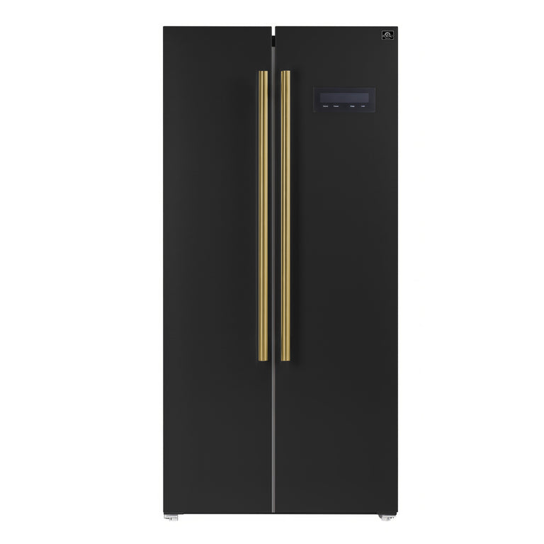 FORNO Espresso Package - 30" Electric Range, Range Hood and Refrigerator in Black with Antique Brass Handles