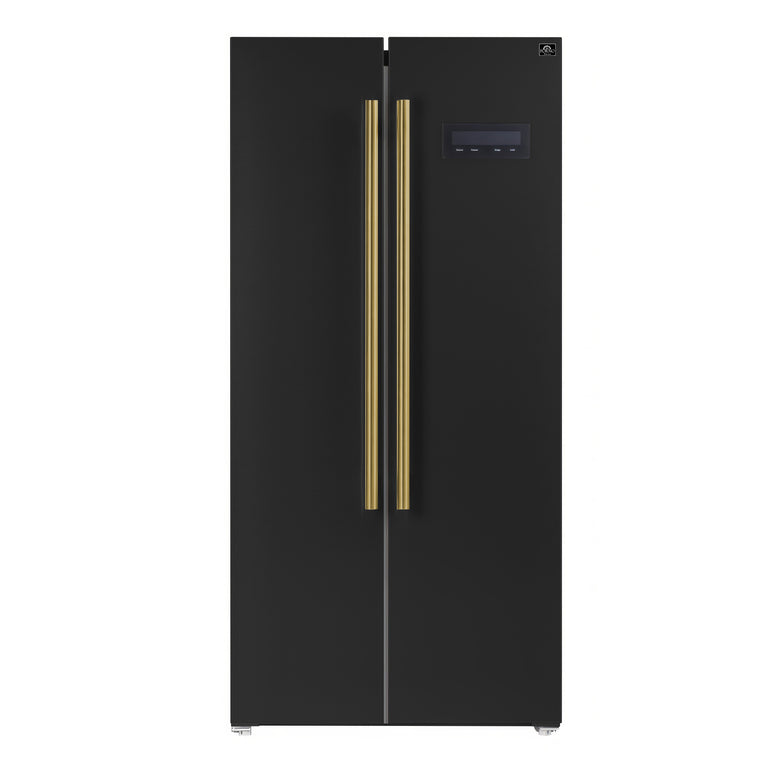 FORNO Espresso Package - 30" Electric Range, Range Hood, Refrigerator and Dishwasher in Black with Antique Brass Handles
