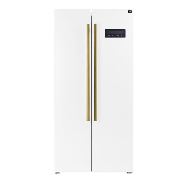 FORNO Espresso Package - 30" Electric Range, Range Hood and Refrigerator in White with Antique Brass Handles