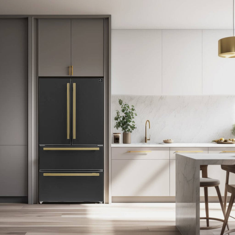 FORNO Espresso Package - 30" Electric Range and Refrigerator in Black with Antique Brass Handles