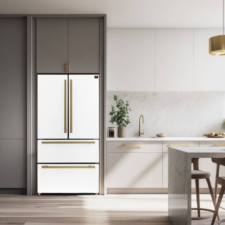 FORNO Espresso Package - 30" Electric Range, Range Hood, Refrigerator and Dishwasher in White with Antique Brass Handles