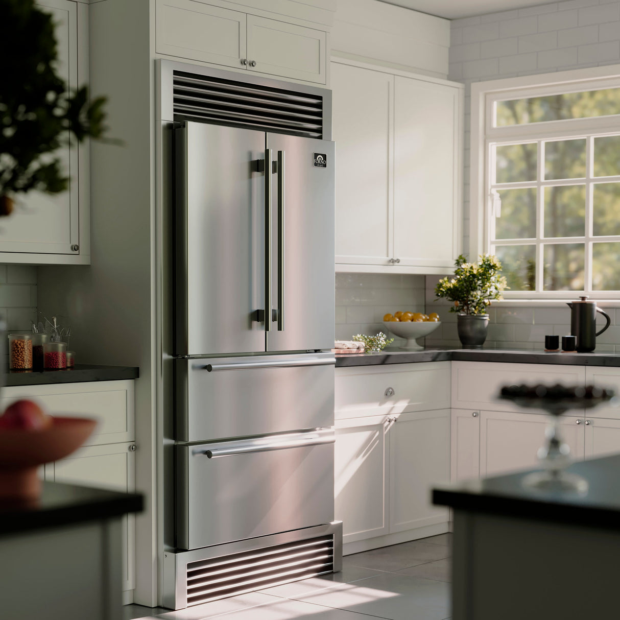 FORNO Moena 40" 19.2 cu. ft. French Door Built-In Refrigerator in Stainless Steel with Ice Maker and Grill Trim Kit, FFRBI1820-40SG