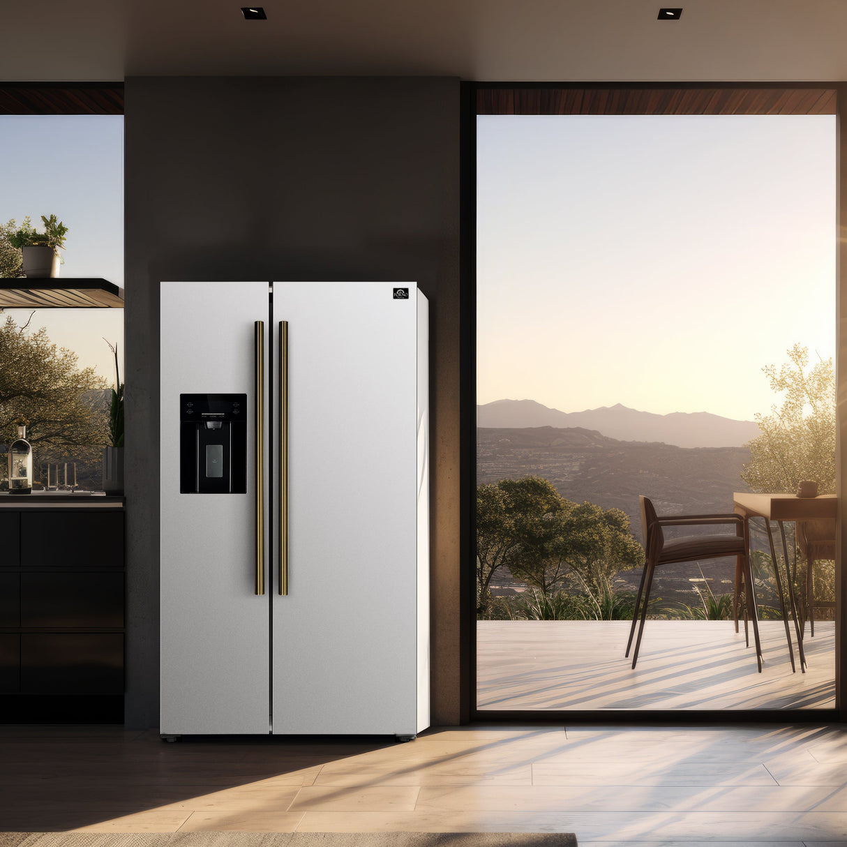 FORNO Espresso Salerno 36" 20 cu. ft. Side-By-Side Refrigerator with Water and Ice Dispenser in White with Antique Brass Handles