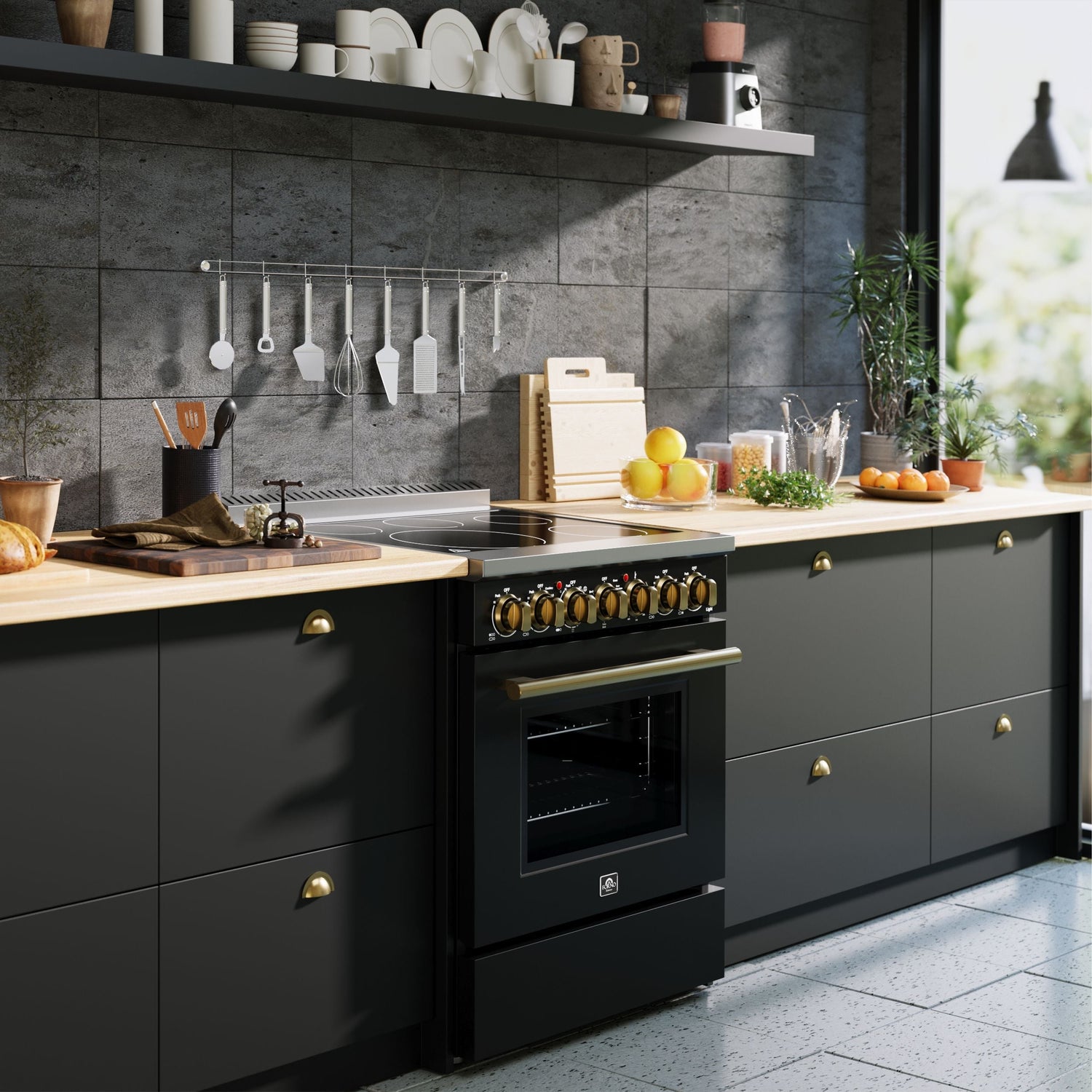 FORNO Paolo 30" 4.38 cu. ft. Freestanding Electric Range in Black with Antique Brass Handles, FFSEL6011-30BLK